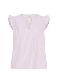Blouse rayée en rose clair et blanc. Tissu doux, manches courtes à volants, décolleté en V avec un léger détail froncé.