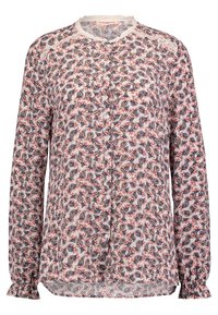 Langærmet bluse i let stof med et blomsterprint i rød, marineblå og hvid, med rund hals og knaplukning foran.