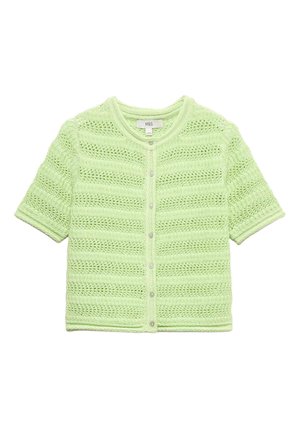Lysegrøn kortærmet cardigan i strik med knapper foran og horisontalt hulmønster.