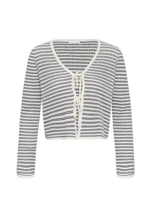 Cardigan court à manches longues rayé blanc et noir avec col en V et deux liens à nouer à l'avant, texture en tissu tricoté.