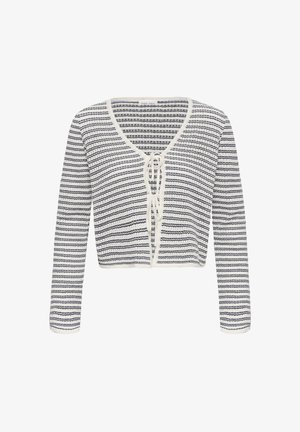 White and black striped long-sleeve cropped cardigan with V-neck and two front tie closures, knit fabric texture.