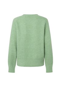 Pullover verde con una finitura morbida e testurizzata, caratterizzato da un colletto a girocollo, maniche lunghe e orli a costine in vita e sui polsini.