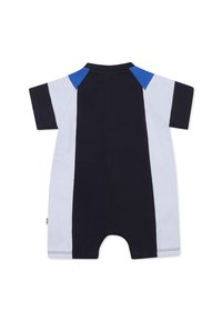 Dětský overal s krátkým rukávem v námořnické, bílé a modré barevné kombinaci, s klasickým výstřihem a zapínáním na patentky na spodní části.