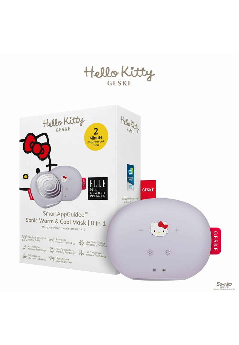 Hello Kitty Sonic Warm & Cool Maske i lavendel, oval form med kontrolknapper, har Hello Kitty grafik og er pakket i en farverig æske.