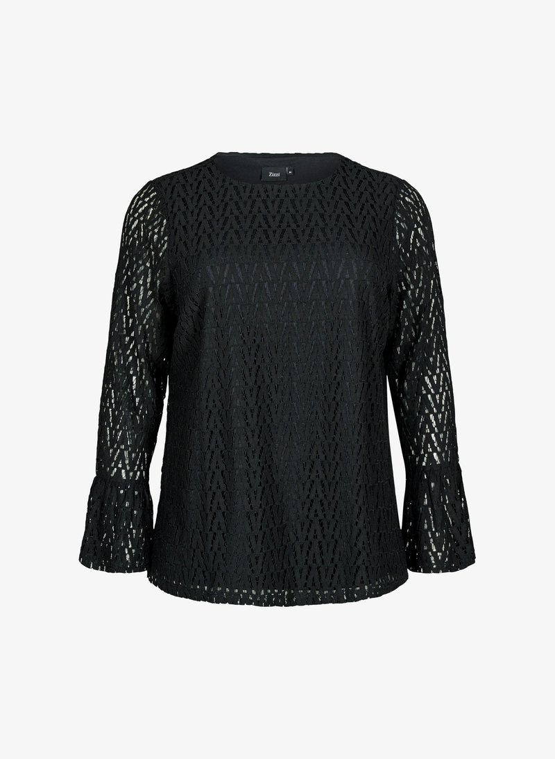 Black long-sleeve top with a textured lace pattern featuring triangular cutouts, a round neck, and flared cuffs.