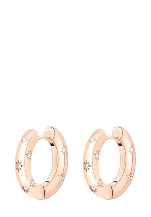Rose gold hoop earrings featuring a smooth, reflective surface with star-shaped accents and embedded clear stones.