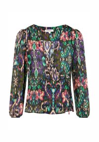 Blouse multicolore avec un motif floral et abstrait, faite en tissu léger, avec de longues manches bouffantes et un col en scoop.