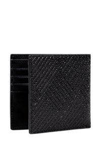 Portafoglio in pelle nera con motivo diagonale testurizzato, numerosi scomparti per carte e un design slim. Fodera interna liscia, stile minimalista.