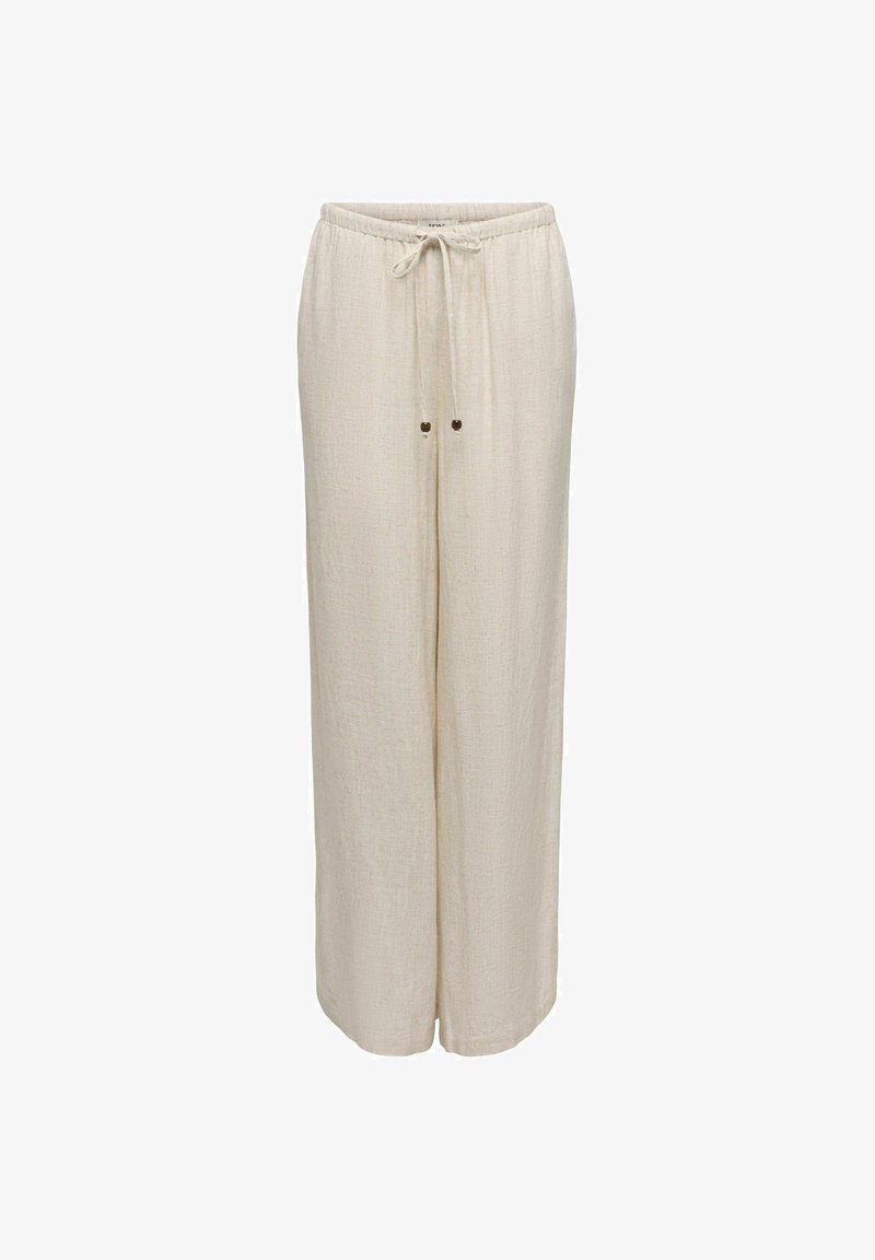 Pantalon beige à jambes larges avec taille élastique et fermeture à cordon à l'avant, en tissu léger texturé.