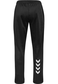 Schwarze Sporthose mit glatter Textur, die ein graues Chevron-Muster an den unteren Seiten und einen elastischen Bund für zusätzlichen Komfort aufweist.