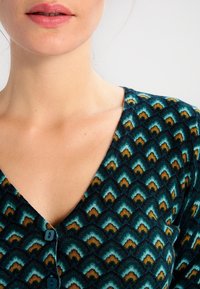 Pletená blůza s hlubokým výstřihem do V, s tyrkysovým, hnědým a hořčicovým zigzag vzorem. Obsahuje knoflíky po celé délce vpředu pro zapínání.
