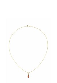 Hieno kulta ketjukaulakoru, jossa on pieni soikea punainen jalokiviriipus ja kevätsormuslukko valkoisella taustalla.