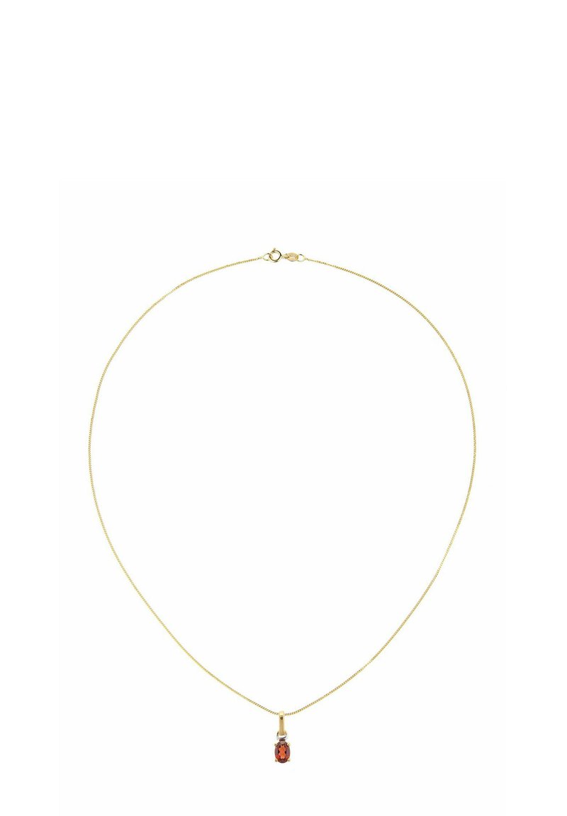 Hieno kulta ketjukaulakoru, jossa on pieni soikea punainen jalokiviriipus ja kevätsormuslukko valkoisella taustalla.