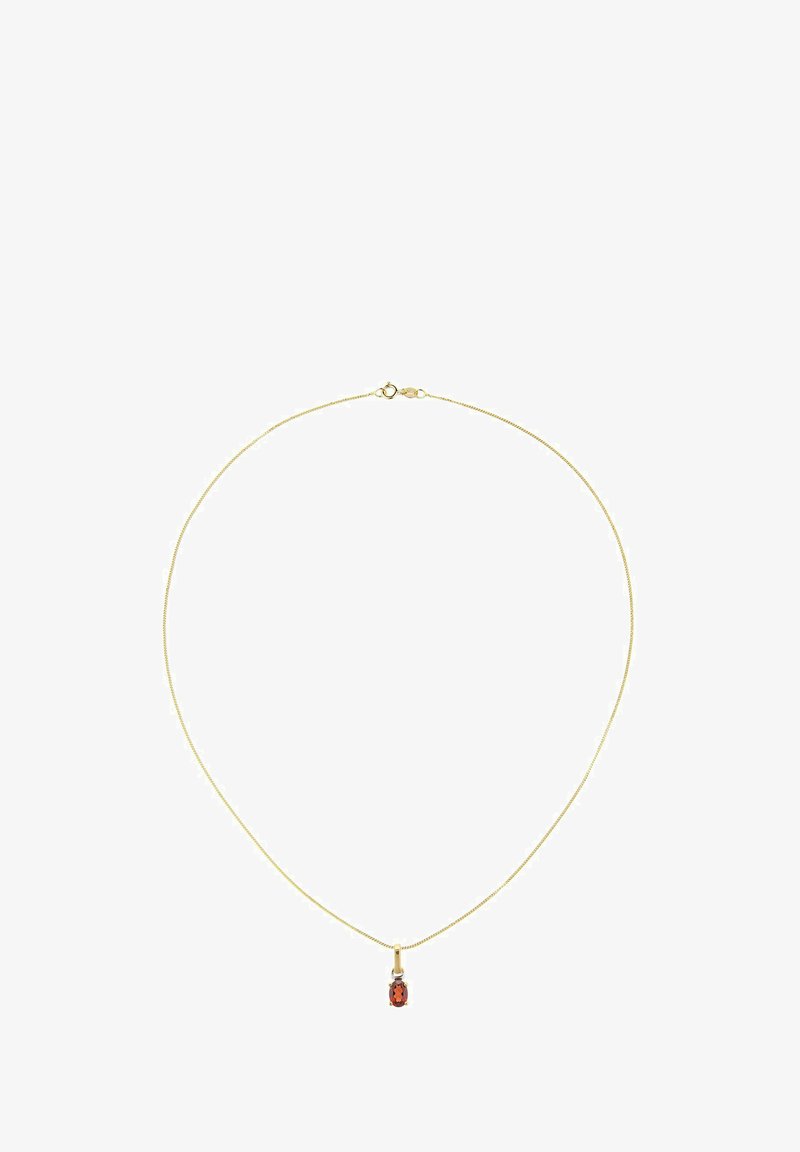 Hieno kulta ketjukaulakoru, jossa on pieni soikea punainen jalokiviriipus ja kevätsormuslukko valkoisella taustalla.