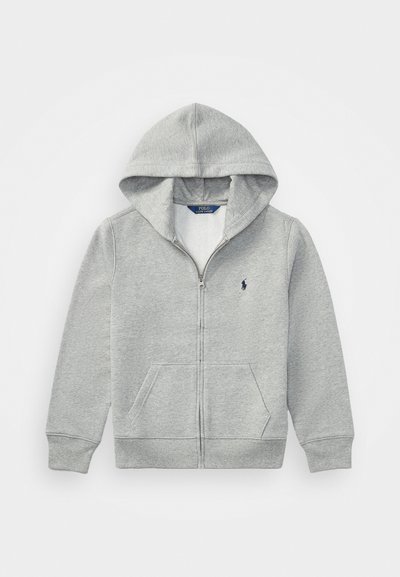 Grauem Reißverschluss-Hoodie aus weichem Stoff, mit Kängurutasche, verstellbarem Kapuzen und kleinem Logo auf der Brust.