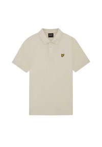 Beige poloshirt met korte mouwen, twee knopen en een klein geel vogel-logo op de linkerborst.