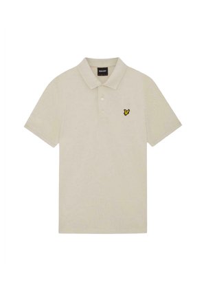 Beige Poloshirt mit kurzen Ärmeln, zwei Knöpfen und einem kleinen gelben Vogel-Logo auf der linken Brustseite.