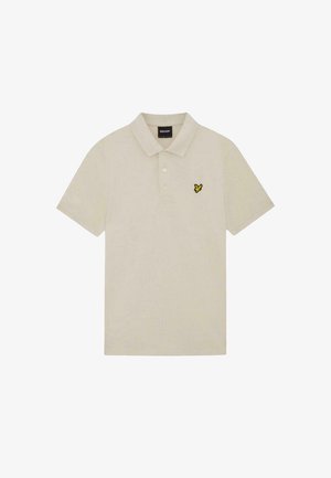 Beige short-sleeve polo shirt with two buttons and a small yellow bird logo on the left chest.