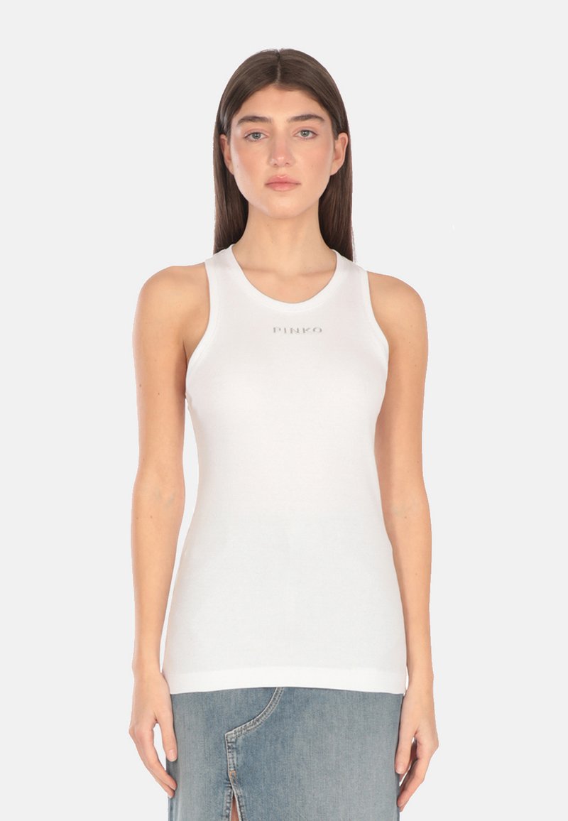 Top senza maniche bianco con scollatura rotonda, caratterizzato da un sottile logo "PINKO" sul petto; texture liscia; design aderente.
