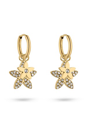 Gold hoop earrings with dangling five-petal flower charms, each petal adorned with small clear crystals and a crystal center.