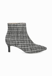 Schwarz-weiße Tweed-Ankle-Boots mit spitzem Zehenbereich und 4 cm Stiletto-Absatz. Strukturmuster mit schmalem Schaft.
