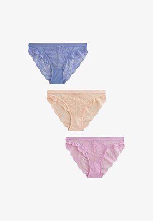 Three lace women’s underwear in blue, beige, and pink, arranged vertically on a white background.