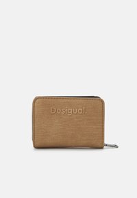 Brown fabric wallet with ribbed texture, embossed "Desigual" logo on the front, and a silver zipper for closure. Compact design.