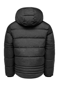 Dark gray puffer jacket with a hood, featuring a quilted design, elastic cuffs, and a smooth texture. Seam lines are visible on the back.