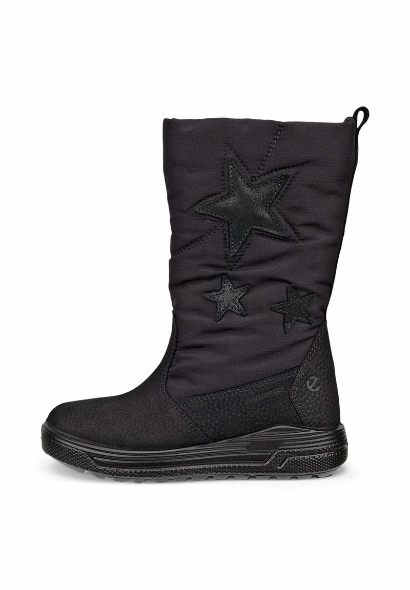 Höga svarta vattentäta stövlar med en texturerad överdel, som har tre sydda läderstjärnor i olika storlekar, samt en gummisula för bra grepp.