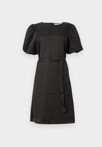 Robes noires à mi-longueur avec des manches bouffantes et une ceinture assortie, présentées sur un fond clair uni.