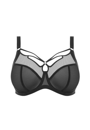 Schwarzer Bügel-BH aus durchsichtigem Mesh-Material, mit strukturiertem Design, dekorativen Ausschnitten in der Mitte und verstellbaren Trägern.