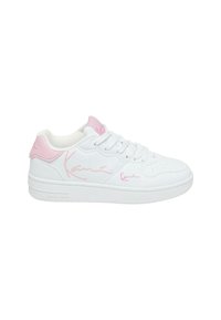 White sneakers with pink accents, featuring a smooth leather finish, lace-up design, perforated toe, and signature logo on the side.