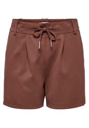 Pantalones cortos casuales marrones con cintura elástica, cordón, trabillas para cinturón y frente ligeramente plisado.
