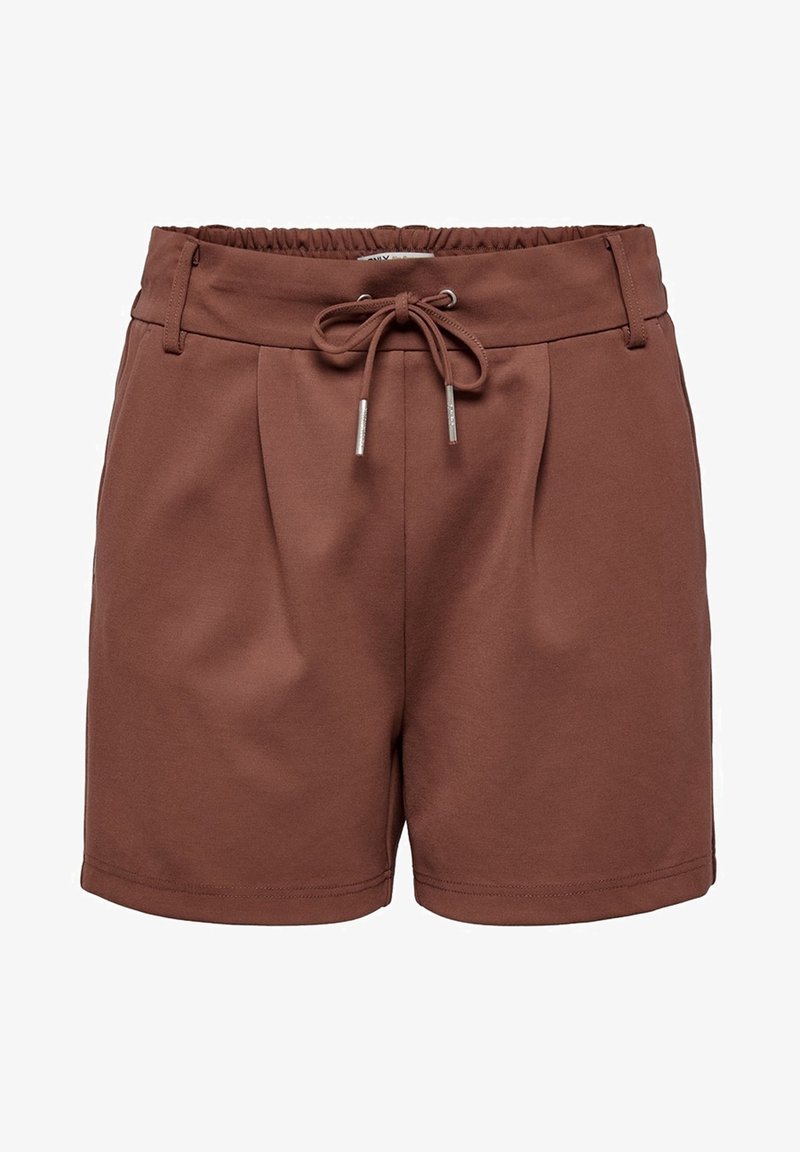 Shorts décontractés marron avec taille élastique, cordon de serrage, passants pour ceinture et devant légèrement plissé.