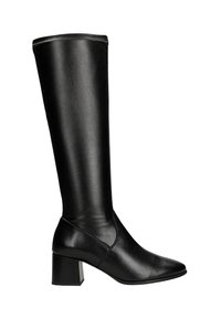 Bottes noires montantes en cuir lisse, avec un talon bloc et un bout pointu. Détail de couture sur le bord supérieur.