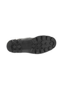 Suela de bota de goma negra con patrones de tracción y surcos profundos. Presenta una punta redondeada y un talón reforzado para mayor durabilidad.