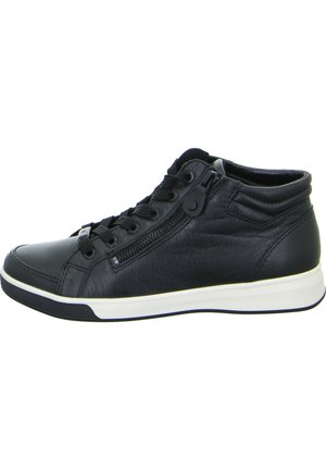 Baskets montantes en cuir noir avec fermeture à lacets et fermeture éclair sur le côté, dotées d'une semelle en caoutchouc blanche et d'un dessus texturé.