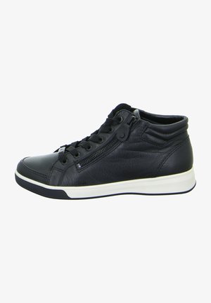 Black leather high-top sneakers with lace-up and side zipper closure, featuring a white rubber sole and textured upper.