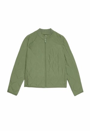 Quilted green jacket with a round neckline and zip closure. Features textured diamond patterns and long sleeves. Mid-thigh length.