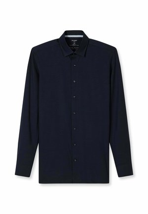 Dunkelblaues Herrenhemd mit langen Ärmeln, Knopfleiste vorne und klassischem Kragen, auf weißem Hintergrund dargestellt.