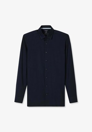 Dunkelblaues Herrenhemd mit langen Ärmeln, Knopfleiste vorne und klassischem Kragen, auf weißem Hintergrund dargestellt.