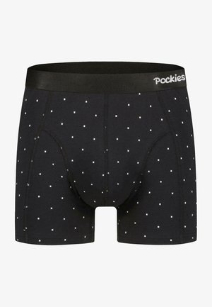Svarte boksershorts laget av bomull, med et prikket mønster og hvite firkanter. Elastisk livlinning med "Pockies"-merke.