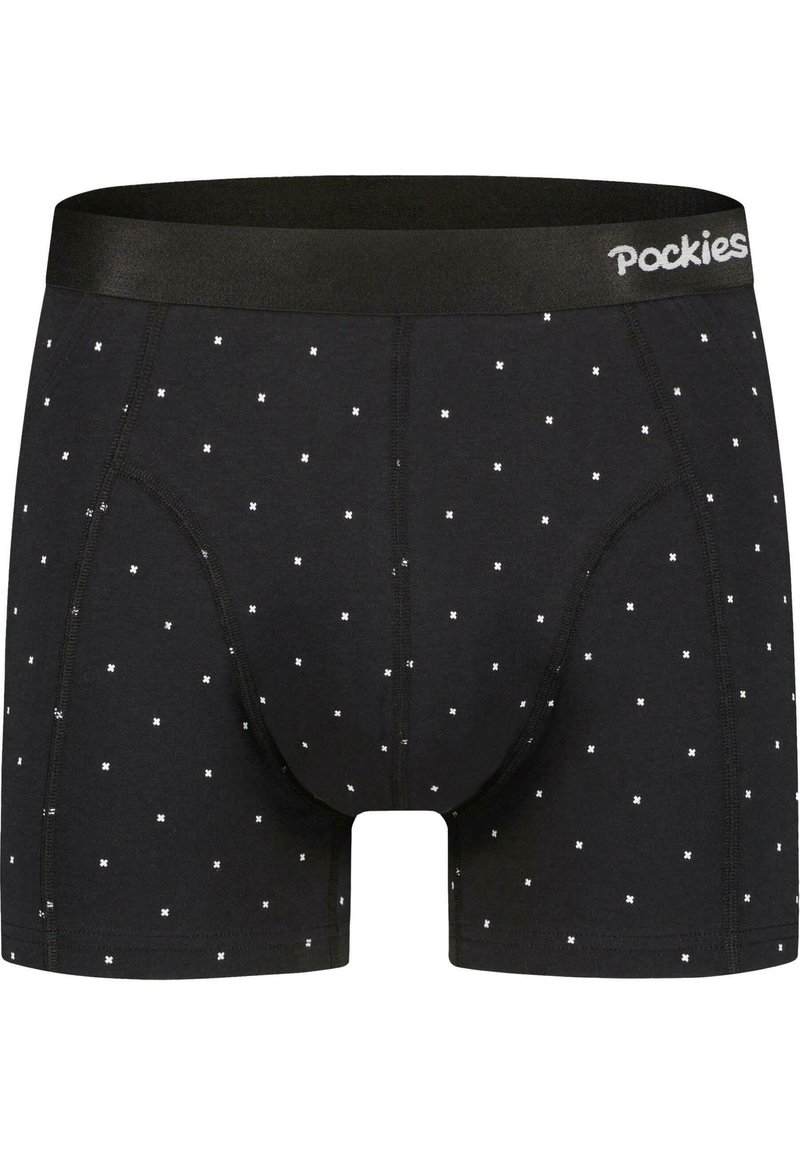 Črne bokserice iz bombaža s karo vzorcem v belem. Elastičen pas z oznako "Pockies".