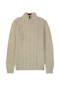 Beige kabelbrei trui met een hoge kraag en halve rits. Gestructureerd, chunky breipatroon overal, geribbelde manchetten en zoom.