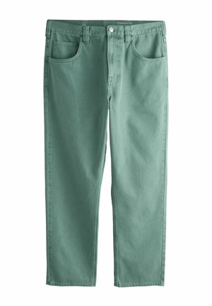 Grün gefärbte gerade geschnittene Denim-Jeans mit Fronttaschen, Gürtelschlaufen und Knopfverschluss.