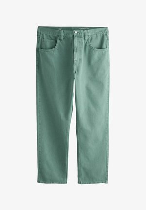 Grün gefärbte gerade geschnittene Denim-Jeans mit Fronttaschen, Gürtelschlaufen und Knopfverschluss.