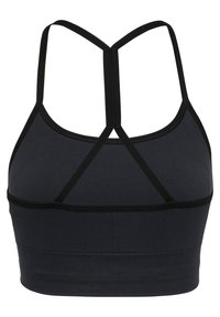 Donkergrijze sportbeha met een gestructureerd ondergedeelte, zwarte afwerking en een racerback ontwerp met een gekruisd bandpatroon.