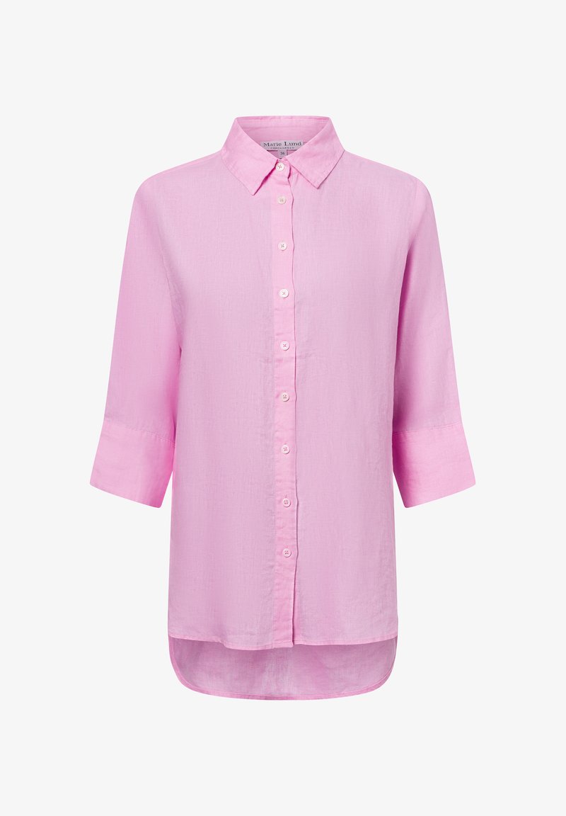Pink linen blouse with a button-down front, collar, and three-quarter sleeves. Smooth texture with a subtle sheen, rounded hemline.