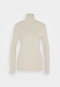 Maglione a maniche lunghe a collo alto beige a coste con silhouette aderente, esposto su uno sfondo bianco semplice.