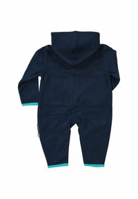 Marinblå luvtröja i jumpsuitstil, tillverkad av mjukt tyg. Har långa ärmar och teal-accenter längs ärmsluten och benen. Enkel design.